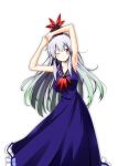  armpits arms_above_head arms_up breasts dress gradient_hair hat kamishirasawa_keine kiku_hitomoji multicolored_hair red_eyes silver_hair simple_background sleeveless smile solo stretch tokin_hat touhou white_background wink 