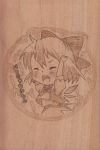  ahoge angry berry_jou bow chibi cirno closed_eyes eyes_closed hair_bow mokurui monochrome open_mouth solo touhou traditional_media wings wood 
