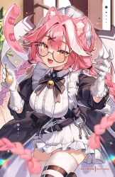  1girl :d animal_ear_fluff animal_ears apron bell belt black_belt black_bow black_bowtie black_dress bow bowtie braid breasts center-flap_bangs center_frills commentary dress english_commentary fangs frilled_apron frilled_gloves frills glasses gloves gun hair_ornament hairclip handgun highres holding holding_spoon hololive hololive_english incoming_food indoors jingle_bell kuri_(animejpholic) long_hair looking_at_viewer low_twin_braids maid maid_headdress neck_bell official_alternate_costume official_alternate_hairstyle open_mouth panther_ears panther_girl panther_tail pink_hair pouch puffy_sleeves raora_panthera raora_panthera_(maid) semi-rimless_eyewear short_dress single_hair_streak skin_fangs smile solo spoon tail thigh-highs thigh_pouch twin_braids under-rim_eyewear very_long_hair virtual_youtuber weapon white_gloves white_thighhighs x_hair_ornament yellow_eyes 