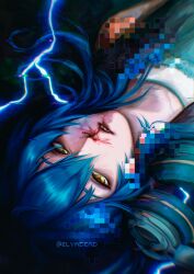  1boy artist_name blood blood_in_mouth blood_on_face blood_on_teeth blue_hair commentary dramatical_murder elyadead english_commentary highres lightning long_hair looking_at_viewer lying nosebleed on_back pixelated portrait seragaki_aoba solo teeth upside-down yellow_eyes 