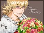  barnaby_brooks_jr birthday blonde_hair bouquet flower glasses green_eyes happy_birthday jacket kkkrrrooo male red_jacket solo tiger_&amp;_bunny 