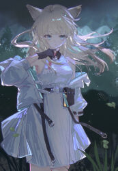  1girl absurdres animal_ears aqua_eyes arknights arknights:_endfield bare_shoulders belt belt_pouch bird_ears black_gloves blonde_hair breasts chinese_commentary commentary_request cowboy_shot cropped_jacket detached_collar dot_nose dress empire_waist falling_leaves floating_hair gloves grass hand_up high-waist_belt highres jacket leaf light_smile long_hair looking_at_viewer making-of_available medium_breasts mountain night o-ring o-ring_belt off_shoulder open_clothes open_jacket outdoors perlica_(arknights) pouch short_dress solo split_mouth standing underbust white_dress white_jacket yihe_(334644725) 
