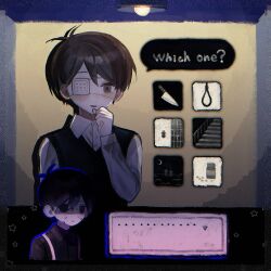  ... 2boys alternate_costume alternate_universe antenna_hair black_shirt black_sweater_vest collared_shirt commentary double-parted_bangs english_text eyepatch hair_between_eyes highres knife long_sleeves looking_at_viewer medical_eyepatch multiple_boys noose omori omori_(omori) parted_lips rou_(h_s_sinrin) shirt short_hair smile speech_bubble spoilers stairs sunny_(omori) sweat sweater_vest untranslatable_commentary white_shirt 