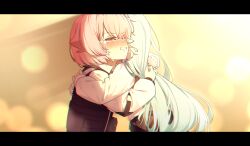  2girls aqua_hair black_vest blue_archive blush capry collared_shirt commentary_request crying glint highres hoshino_(blue_archive) hoshino_(first_year)_(blue_archive) hug letterboxed long_hair long_sleeves multiple_girls mutual_hug parted_lips shirt spoilers tears vest white_shirt yume_(blue_archive) 