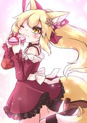  1girl animal_ear_fluff animal_ears bare_shoulders blonde_hair blush bow box bra_strap breasts brown_leggings brown_ribbon brown_shoes brown_trim closed_mouth colored_tips commentary_request dress eyelashes flower_hairpin fluff fluffy_tail fox_ears fox_girl fox_tail hair_between_eyes hair_ornament heart-shaped_box highres holding holding_box karasuma_amiru large_tail leggings light_particles long_sleeves looking_at_viewer medium_breasts multicolored_hair one_eye_closed original pointy_ears red_bow red_dress ribbon shoes simple_background smile standing standing_on_one_leg tail valentine very_long_tail white_trim yellow_eyes 