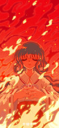  1990s_(style) 1girl artist_name black_hair bow closed_eyes closed_mouth eyelashes facing_viewer fire hair_rings hakama highres holding holding_jewelry holding_necklace inuyasha japanese_clothes jewelry kikyou_(inuyasha) kimono long_hair miko necklace own_hands_together red_bow red_hakama red_theme retro_artstyle ribbon-trimmed_sleeves ribbon_trim shi_liu_shi_liu shikon_no_tama smoke solo straight-on tooth_necklace unworn_jewelry unworn_necklace upper_body white_kimono 