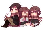  brown_hair durarara!! fur_trim glasses jacket niwako orihara_izaya orihara_kururi orihara_mairu red_eyes scarf shared_scarf siblings 