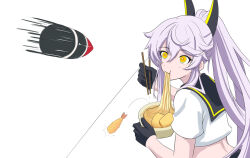  1girl azur_lane black_gloves black_sailor_collar blush chopsticks curious eating food_in_mouth from_side gloves hair_between_eyes highres incoming_attack jaggi_95 long_hair looking_back looking_up ponytail purifier_(azur_lane) purple_hair sailor_collar shirt siren_(azur_lane) solo surprised upper_body very_long_hair white_shirt yellow_eyes 