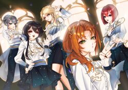  5girls black_hair black_nails blonde_hair blue_eyes blue_skirt closed_mouth commentary cowboy_shot crossed_arms elyadead ensemble_stars! genderswap gradient_clothes gradient_skirt green_eyes grey_hair hair_ornament hand_up hands_on_own_chest hands_on_own_hips highres knight long_hair looking_at_another looking_at_viewer multiple_girls nail_polish narukami_arashi open_mouth orange_hair red_eyes red_hair sakuma_ritsu sena_izumi_(ensemble_stars!) short_hair skirt starry_sky_print suou_tsukasa teeth tsukinaga_leo upper_body upper_teeth_only v violet_eyes waving window 