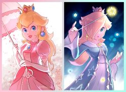  2girls :d blonde_hair blue_dress blue_eyes breasts brooch closed_mouth commentary_request crown dress earrings elbow_gloves eyelashes gloves hair_over_one_eye holding holding_umbrella holding_wand jewelry layered_dress long_sleeves looking_at_viewer medium_breasts multiple_girls open_mouth parasol petals pink_dress princess_peach puffy_short_sleeves puffy_sleeves rosalina short_sleeves smile sphere_earrings star_(symbol) star_bit star_brooch star_earrings star_print super_mario_bros. twitter_username umbrella wand watermark white_dress white_gloves yellowfrog88 