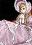  blonde_hair blue_eyes bonnet copyright_request dress frilled_dress frilled_sleeves frills lips lolita_fashion long_hair parted_lips pink_dress pon wide_sleeves 
