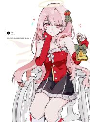  1girl arknights bare_shoulders bell black_skirt breasts christmas commentary_request feet_out_of_frame frilled_skirt frills fur-trimmed_shirt fur_trim hair_ornament halo hand_on_own_chin head_rest highres holding holding_bell korean_commentary lemuen_(arknights) long_hair pink_eyes pink_hair red_shirt request_inset shirt simple_background sitting skirt small_breasts smile solo spg_83 strapless strapless_shirt very_long_hair wheelchair white_background 