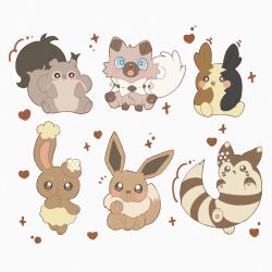  aqua_eyes blush brown_eyes brown_theme buneary color_connection commentary eevee fangs furret heart highres jira_077 morpeko morpeko_(full) no_humans open_mouth pokemon pokemon_(creature) pokemon_focus rockruff skwovet smile sparkle tongue tongue_out untranslatable_commentary 