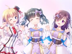  3girls :d ;d absurdres ahoge anniversary aster_reve_idol_uniform aunt_and_niece bare_shoulders black_hair black_hat blonde_hair blue_eyes blush bow bracelet breasts brown_corset brown_hair buttons capelet clenched_hand closed_eyes collarbone commentary corset cowboy_shot detached_sleeves diffraction_spikes dot_nose double-breasted dress dress_bow facing_viewer getsuyoshi hair_bow hair_ornament hair_over_one_eye hair_scrunchie hand_up hat hat_ribbon highres holding_hands idol idol_clothes interlocked_fingers itsumura_haruka itsumura_yukari jewelry lace lace_sleeves long_hair looking_at_viewer low_twintails medium_breasts mizushino_sono multiple_girls necktie one_eye_closed ortensia_idol_uniform plaid_clothes plaid_necktie plaid_ribbon purple_background purple_bow purple_capelet purple_skirt re:stage! red_bow red_necktie red_ribbon ribbon scrunchie short_dress short_hair short_necktie short_twintails sidelocks single_sleeve single_wrist_cuff skirt sleeveless sleeveless_dress smile sparkle striped_bow tilted_headwear twintails violet_eyes waving white_dress white_scrunchie white_sleeves white_wrist_cuffs wrist_cuffs 