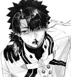  2boys artist_name blood chaldea_logo clothing_cutout commentary_request curtained_hair fujimaru_ritsuka_(male) fujimaru_ritsuka_(male)_(decisive_battle_chaldea_uniform) glove_cutout gloves half-closed_eye hatching_(texture) high_collar isikoro_than kadoc_zemlupus monochrome multiple_boys nosebleed out_of_frame short_hair sweat twitter_username upper_body 