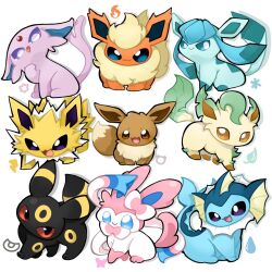  black_eyes blue_eyes blush brown_eyes closed_eyes colored_sclera cp9_zr eevee espeon flareon glaceon highres jolteon leafeon no_humans open_mouth pokemon pokemon_(creature) pokemon_focus red_sclera smile sylveon tongue tongue_out umbreon vaporeon violet_eyes white_background 