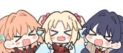  >_< 3girls :d blonde_hair blue_hair blush blush_stickers brown_cardigan brown_dress cardigan chibi chibi_only commentary_request dress fang flower gradient_hair hair_flower hair_intakes hair_ornament half_updo hasu_no_sanrenka hasu_no_sora_school_uniform highres hinoshita_kaho long_hair long_sleeves love_live! love_live!_hasu_no_sora_jogakuin_school_idol_club medium_hair multicolored_hair multiple_girls murano_sayaka neckerchief nervous_sweating open_cardigan open_clothes open_mouth orange_hair osawa_rurino parted_bangs pink_flower rabbit_hair_ornament red_neckerchief sailor_collar sailor_dress school_uniform skin_fang smile sweat sweatdrop twintails two_side_up virtual_youtuber watage_modoki white_sailor_collar winter_uniform xd 