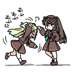  2girls blonde_hair blue_hair blush brown_dress brown_hair brown_shoes closed_mouth colored_tips commentary_request dress finger_to_head fujishima_megumi full_body green_neckerchief hasu_no_sora_school_uniform loafers long_hair long_sleeves looking_at_another love_live! love_live!_hasu_no_sora_jogakuin_school_idol_club medium_dress mira-cra_park! multicolored_hair multiple_girls neckerchief open_mouth osawa_rurino pleated_dress puff_of_air red_neckerchief sailor_collar sailor_dress school_uniform shaded_face shinanoya_(satanicad) shoes simple_background socks two_side_up v-shaped_eyebrows violet_eyes virtual_youtuber white_background white_sailor_collar white_socks winter_uniform 