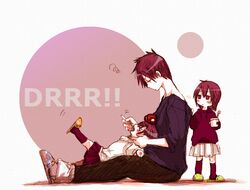  durarara!! flat_gaze katarimonoshi miniskirt orihara_izaya orihara_kururi orihara_mairu siblings skirt slippers socks toothbrush young 