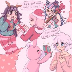  >_< 1boy 3girls @_@ alternate_costume antlers black_hair black_hat blue_eyes blue_hair blue_streaks blush blush_stickers box brown_hairband christmas christmas_present christmas_sweater closed_eyes closed_mouth collarbone commentary danganronpa_(series) danganronpa_2:_goodbye_despair drawstring english_commentary english_text fake_antlers fingerless_gloves fur-trimmed_shirt fur_trim gift gift_box gloves green_sweater guitar hair_between_eyes hair_horns hairband hand_on_own_chest hands_on_own_face hat heart holding holding_box holding_gift holding_guitar holding_instrument horns instrument komaeda_nagito long_hair long_sleeves mioda_ibuki monomi_(danganronpa) multicolored_gloves multicolored_hair multiple_girls nanami_chiaki open_mouth pants pink_hair pink_pants pink_shirt pink_streaks purple_hair red_hat red_shirt reindeer_antlers santa_costume santa_hat shirt short_hair shuugaru smile speech_bubble streaked_hair striped_clothes striped_gloves striped_pants sweater swimsuit tearing_up teeth third-party_source top_hat tsumiki_mikan two-tone_gloves upper_teeth_only violet_eyes white_hair 