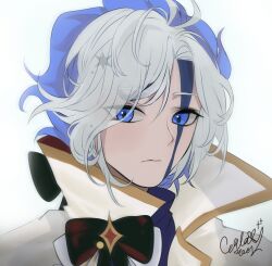  1boy alternate_skin_color androgynous antenna_hair black_bow black_bowtie blue_eyes blue_hair blue_sweater bow bowtie brooch closed_mouth collared_jacket commentary_request cookie_run cookie_run:_kingdom curtained_hair eunha_milktea expressionless eyes_visible_through_hair facial_tattoo frown gold_trim hair_bow highres humanization jacket jewelry korean_commentary male_focus multicolored_hair open_clothes open_jacket portrait short_hair sidelocks signature simple_background solo stardust_cookie sweater tattoo turtleneck turtleneck_sweater two-tone_hair white_background white_hair white_jacket 