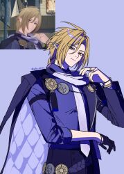  1boy arm_out_of_sleeve bicep_strap black_gloves blonde_hair closed_mouth cowboy_shot gloves gold_ring grey_eyes gts_mmnn hair_between_eyes half_gloves heterochromia highres hugo_vlad jewelry lapel_pin light_smile long_hair looking_at_viewer male_focus mole mole_under_eye multiple_rings necktie pointy_ears purple_necktie purple_shirt red_eyes ring shirt single_glove single_half_glove solo zenless_zone_zero 