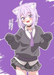  1girl :3 :d ahoge animal_ear_fluff animal_ears black_choker black_collar black_skirt black_sweater blush breasts cat_ears cat_girl choker collar collarbone collared_shirt commentary_request cowboy_shot dress_shirt fang grey_skirt hair_between_eyes head_tilt highres hololive long_sleeves looking_at_viewer medium_hair miniskirt necktie nekomata_okayu open_mouth outline plaid_clothes plaid_skirt pleated_skirt purple_background purple_hair purple_necktie school_uniform shinonome_sakura shirt skirt sleeves_past_fingers sleeves_past_wrists smile solo sweater violet_eyes virtual_youtuber white_outline white_shirt 