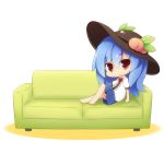  :o barefoot beni_shake blouse blue_hair bow chibi couch food food_themed_clothes fruit hand_on_knee hat head_tilt hinanawi_tenshi leaf leg_up long_hair looking_at_viewer peach red_eyes shadow simple_background sitting skirt solo touhou white_background 