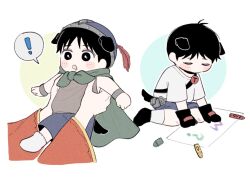  ! 1boy aged_down animal_ears badge belt black_eyes black_gloves black_hair blush button_badge cape closed_eyes commentary crayon denim denim_shorts dog_boy dog_ears dog_tail feathers gloves kemonomimi_mode lung_ks_lover male_focus official_alternate_costume red_feathers short_hair short_sleeves shorts socks south_park spoken_exclamation_mark stan_marsh tail tank_top toolshed_(south_park) untranslatable_commentary utility_belt white_socks 