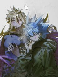  ... 2boys alien_888 annoyed antenna_hair black_pants black_sweater blonde_hair blue_hair cigarette closed_eyes coat colored_tips cowboy_shot facial_mark facing_to_the_side green_coat grey_background highres holding holding_cigarette long_hair long_sleeves looking_at_another male_focus multicolored_hair multiple_boys pants smoke smoking speech_bubble spiky_hair sweater toned toned_male violet_eyes yu-gi-oh! yu-gi-oh!_go_rush!! yudias_velgear zuwijo_zir_velgear 