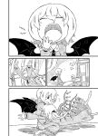  &gt;_&lt; :d arms_up barefoot bat_wings bed closed_eyes comic detached_wings door flandre_scarlet glomp hair_over_one_eye hair_ribbon hug long_sleeves monochrome multiple_girls nightgown open_mouth pointy_ears remilia_scarlet ribbon short_hair siblings side_ponytail silent_comic sisters sleepy smile sonson_(eleven) touhou wings xd yawning 