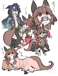  1girl animal animal_ears animalization black_shirt blue_hair braid braided_hair_rings breasts brown_hair clothed_animal commentary_request dress dumbbell ear_covers ear_ornament gentildonna_(regina_dei_fiori)_(umamusume) gentildonna_(umamusume) hair_between_eyes hair_ornament hair_rings heart-shaped_ornament heart_ear_ornament highres holding holding_dumbbell horse_ears horse_girl jacket jacket_on_shoulders long_hair metal_ball mole mole_under_eye mouth_hold multicolored_hair open_mouth pink_dress plaid_clothes plaid_jacket recursive_animalization red_eyes sharp_teeth shirt single_ear_cover takatsuki_nato teeth umamusume verxina_(umamusume) 