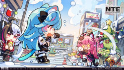  chibi christmas christmas_stocking christmas_tree christmas_wreath highres holding holding_snowball lacrimosa_(neverness_to_everness) merry_christmas mint_(neverness_to_everness) nanally_(neverness_to_everness) neverness_to_everness official_art snow snowball snowball_fight snowflakes snowing taygedo_(neverness_to_everness) wreath 