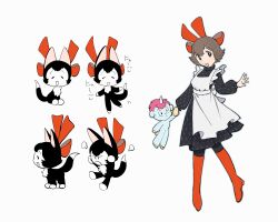  1girl angry animal apron black_cat black_dress black_pantyhose blue_eyes boots bow brown_hair cat chao_(unico) clothed_animal commentary dress hair_bow highres holding holding_animal knee_boots norio_111 open_mouth pantyhose pink_hair puff_of_air red_boots red_bow short_hair simple_background smile unico unico_(character) unicorn white_apron white_background 
