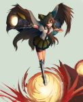  alternate_weapon arm_cannon black_hair black_wings clear_echoes grey_background long_hair reiuji_utsuho simple_background solo touhou weapon wings 
