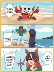  1girl absurdres animal_ears brown_hair casual commentary english_commentary glasses green_shirt green_sweater hair_between_eyes highres horse_ears horse_girl long_hair long_sleeves looking_at_viewer mr._krabs multicolored_hair neferkitty ocean pants shirt smile spongebob_squarepants_(series) stick streaked_hair sweater symboli_rudolf_(casual)_(umamusume) symboli_rudolf_(umamusume) t-head_trainer_(umamusume) trainer_(umamusume) umamusume violet_eyes white_hair white_pants 