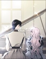  2girls black_hair blue_dress commentary_request dress eilie_(witch's_island) frilled_dress frills grey_dress hair_bun hannah_(witch's_island) height_difference indoors instrument korean_commentary multiple_girls official_art pink_hair playing_instrument playing_piano ppotatornado sheet_music sitting wavy_hair witch's_island 