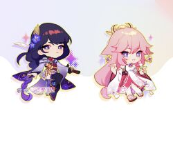  2girls animal_ears blunt_bangs braid character_charm charm_(object) chibi chibi_only commentary dango english_commentary eva_smith food fox_ears fox_girl genshin_impact gradient_hair hair_between_eyes hair_ornament headpiece highres holding holding_food holding_sword holding_weapon japanese_clothes katana kimono multicolored_hair multiple_girls musou_isshin_(genshin_impact) neck_ribbon off_shoulder pink_hair purple_hair purple_kimono raiden_shogun red_ribbon red_sash ribbon sash single_braid sword thigh-highs violet_eyes wagashi weapon yae_miko 