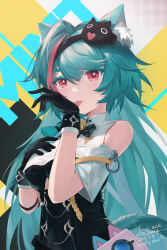  1girl :p absurdres animal_ear_fluff animal_ears aqua_hair asymmetrical_bangs bare_shoulders black_gloves black_headband blush breasts cat_ears cat_girl cat_tail character_name colorful_background commentary dated gloves hair_between_eyes hand_on_own_chest hand_up headband highres jimoki long_hair medium_breasts mint_(neverness_to_everness) multicolored_hair neverness_to_everness pink_eyes pink_streaks short_sleeves sidelocks signature simple_background solo streaked_hair symbol_in_eye tail tongue tongue_out two-tone_hair upper_body very_long_hair 