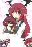  2girls :d bat_wings blush blush_stickers bow carrying chibi child crescent dress_shirt flat_gaze full-face_blush gomasamune hands_on_own_face happy hat hat_bow head_wings heart if_they_mated imagining koakuma long_hair long_sleeves mob_cap mother_and_daughter multiple_girls necktie no_eyes no_mouth no_nose open_mouth patchouli_knowledge pointy_ears purple_hair red_eyes red_ribbon redhead ribbon shirt short_hair simple_background smile touhou vest violet_eyes white_background white_shirt wings 