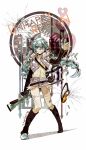  aqua_eyes aqua_hair bandaid belt braid bullet_hole cartridge detached_sleeves goggles gun hatsune_miku kneehighs long_hair navel panties rifle short_shorts shorts solo striped striped_panties twin_braids twintails underwear unhappy_refrain_(vocaloid) vocaloid weapon yosakuh 