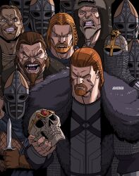  6+boys absurdres armor bear_pelt beard black_background blind_eye brown_hair character_request clenched_teeth closed_eyes facial_hair full_beard furrowed_brow galmar_stone-fist grey_hair guard_(skyrim) helm helmet highres holding holding_knife holding_skull invincible_(series) istar_cairn-breaker johsther knife looking_at_viewer meme multiple_boys open_mouth orange_hair pelt ralof scar scar_across_eye scar_on_face skull teeth the_elder_scrolls the_elder_scrolls_v:_skyrim ulfric_stormcloak viltrumite_group_shot_(meme) 