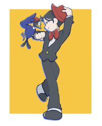  1boy ^_^ animal animal_on_arm bird bird_on_arm black_hair black_jacket black_pants border bow bowler_hat bowtie closed_eyes clothed_animal commentary donguri_(kenichi_tantei_chou) facing_another fedora full_body grey_shoes grin hand_on_headwear hat highres jacket kenichi_(tezuka_osamu) kenichi_tantei_chou looking_at_another male_focus norio_111 pants red_bow red_bowtie red_hat shirt shoes short_hair simple_background smile standing standing_on_one_leg suit suit_jacket white_border white_shirt yellow_background 
