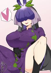  1girl black_hair black_shoes breasts china_dress chinese_clothes commentary_request dress flower flower_on_head food_print fruit_print gotakichi grape_print heart highres huge_breasts long_hair m_legs open_mouth outline pink_background purple_dress shoes simple_background smile solo spoken_heart spread_legs touhou variant_set very_long_hair vine_print white_outline yomotsu_hisami 