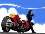  androgynous black_hair chocolate cloud clouds coffee cyberpunk garland_(megazone_23) glasses jacket jeans leather_jacket long_hair mecha megazone_23 motor_vehicle motorcycle oldschool reverse_trap science_fiction seena smoke tomboy vehicle 