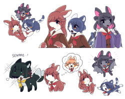  3girls animal animalization bat_(animal) bat_girl blush_stickers brown_dress cardigan cat cat_girl cellphone clothed_animal commentary dress fangs fox furrification furry furry_female hasu_no_sora_school_uniform hinoshita_kaho holding holding_phone kinjo_maika kiruzzy long_sleeves love_live! love_live!_hasu_no_sora_jogakuin_school_idol_club momose_ginko multiple_girls neckerchief open_cardigan open_clothes phone purple_cardigan rabbit rabbit_girl red_neckerchief reisawa_aoi sailor_collar sailor_dress school_uniform shinowa_mion single_blush_sticker smartphone sparkle speech_bubble spoken_character tail tail_wagging thought_bubble virtual_youtuber white_sailor_collar winter_uniform 