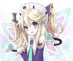  :d bare_shoulders blonde_hair blue_eyes blush buran_(kure) choujigen_game_neptune choujigen_game_neptune_mk2 detached_sleeves hair_ornament hat histoire long_hair looking_at_viewer open_mouth smile solo twintails w 