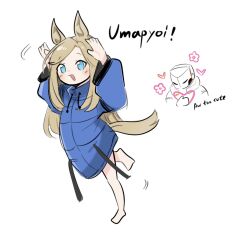  1boy 1girl animal_ears barefoot blonde_hair blue_coat coat diana_(pragmata) flower heart highres horse_ears horse_girl horse_tail hugh_williams kemonomimi_mode long_hair long_sleeves one_of_agnes_digital open_mouth padded_coat pragmata puffy_coat puffy_sleeves smile tail umamusume 