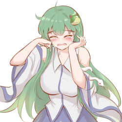  1girl bare_shoulders blue_skirt blush breasts closed_eyes commentary crying detached_sleeves edz_drawz english_commentary frog_hair_ornament green_hair hair_ornament highres kochiya_sanae large_breasts long_hair open_mouth shirt simple_background skirt snake_hair_ornament solo textless_version touhou upper_body white_background white_shirt wide_sleeves 