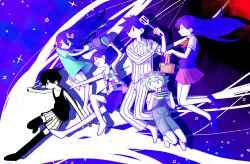  2girls 4boys absurdres antenna_hair arm_up aubrey_(headspace)_(omori) aubrey_(omori) ball barefoot basil_(headspace)_(omori) basil_(omori) black_eyes black_hair black_shoes black_tank_top black_thighhighs blue_overalls blue_shirt bow brother_and_sister brothers camera checkered_clothes closed_mouth collarbone collared_pajamas collared_shirt colored_skin commentary_request double-parted_bangs flower flower_wreath green_hair green_shirt grin hair_between_eyes hair_bow head_wreath hero_(headspace)_(omori) hero_(omori) highres holding holding_ball holding_camera holding_knife holding_picnic_basket holding_spatula holding_stuffed_toy kel_(headspace)_(omori) kel_(omori) knife long_hair long_shirt long_sleeves mari_(headspace)_(omori) mari_(omori) mr._plantegg_(omori) multiple_boys multiple_girls neckerchief omori omori_(omori) open_mouth overall_shorts overalls pajamas pants picnic_basket pink_bow pleated_skirt purple_hair purple_shorts purple_sweater_vest red_neckerchief red_skirt rou_(h_s_sinrin) shirt shoes short_hair short_sleeves shorts siblings skirt sleeve_rolled_up smile spatula striped_clothes striped_pajamas striped_pants striped_shorts stuffed_eggplant stuffed_toy sweater_vest t-shirt tank_top teeth thigh-highs vertical-striped_clothes vertical-striped_pajamas vertical-striped_pants vertical-striped_shorts violet_eyes white_pajamas white_pants white_shirt white_shorts white_skin 